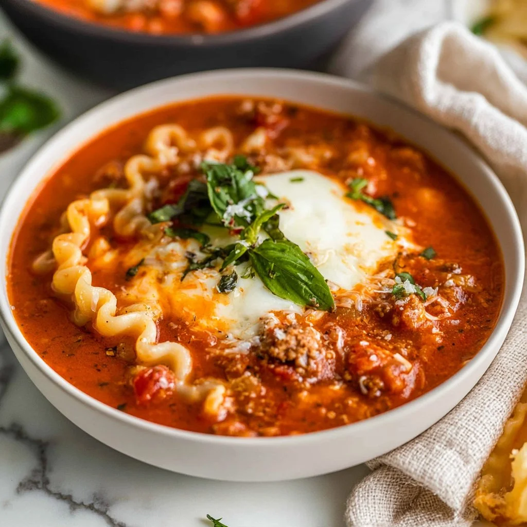 Bowl of creamy and cheesy lasagna soup topped with fresh basil