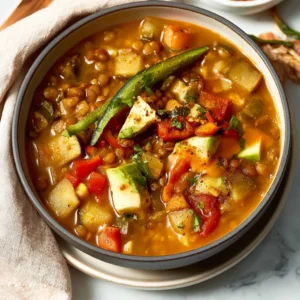 Hearty Mexican Lentil Soup with colorful veggies in a bowl
