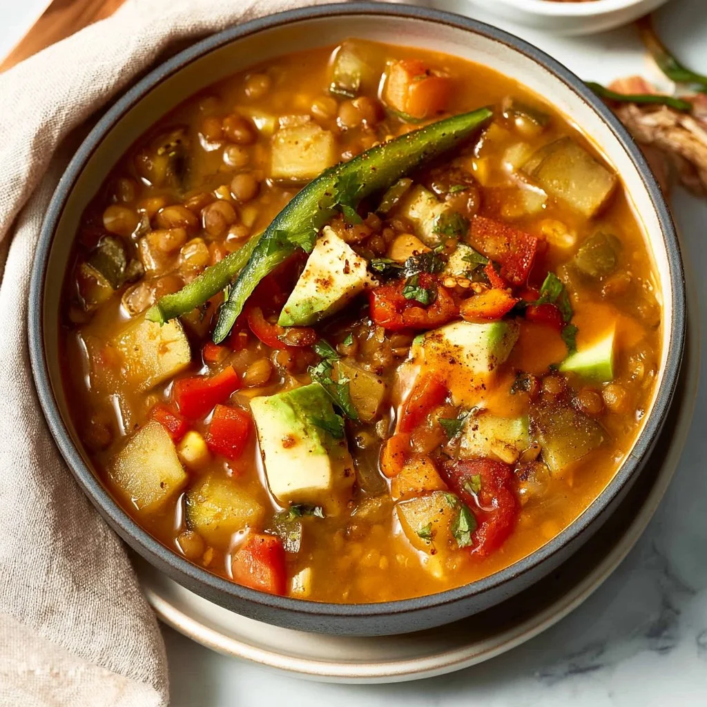 Hearty Mexican Lentil Soup with colorful veggies in a bowl