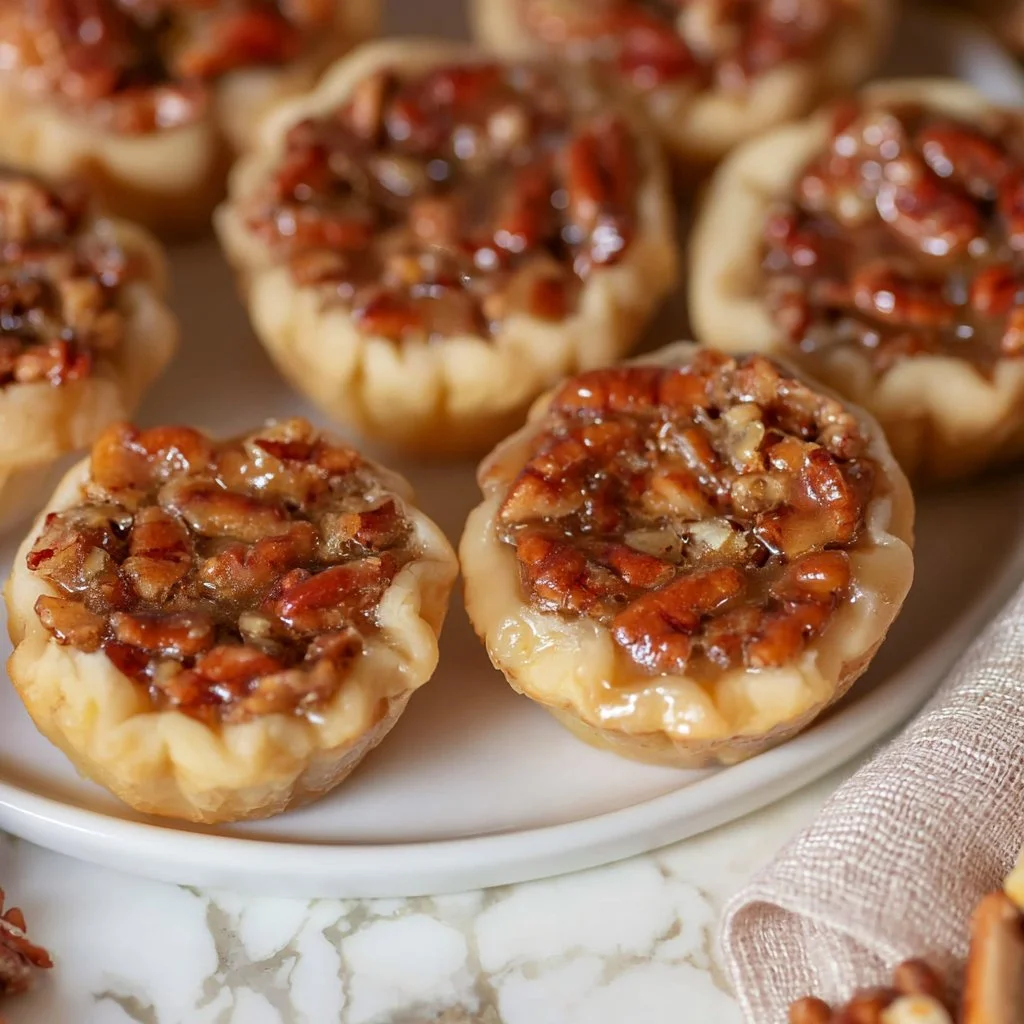 Delicious mini pecan pies arranged on a plate, ideal easy dessert recipe.