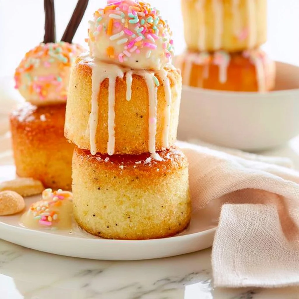 Delicious mini vanilla bean cakes displayed on a rustic table
