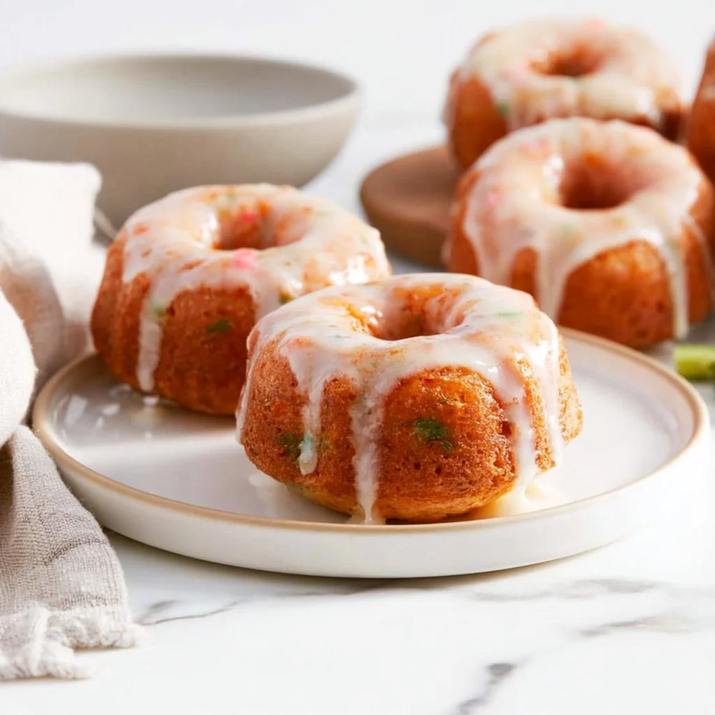 Mini vanilla bundt cakes with funfetti sprinkles on a decorative plate.