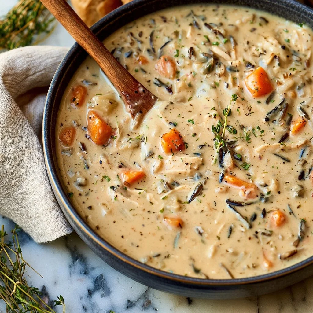 Bowl of Minnesota-style creamy chicken wild rice soup with herbs and spices