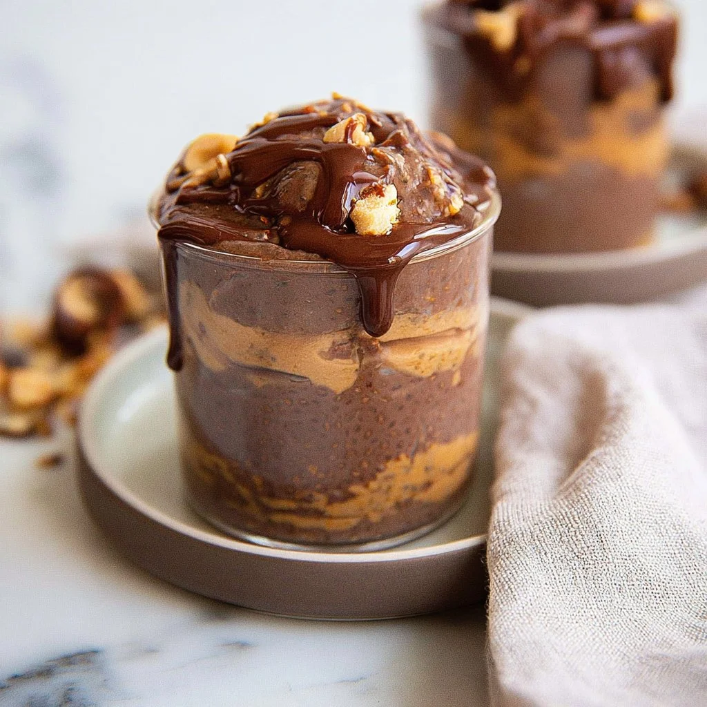 Delicious Peanut Butter Chocolate Chia Pudding served in a cup
