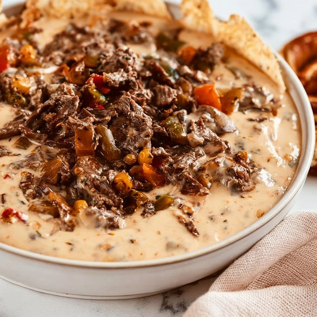Philly cheesesteak queso dip served with pretzels for dipping