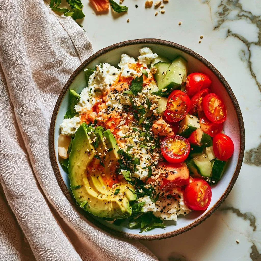 Savory cottage cheese avocado bowl loaded with protein and healthy ingredients