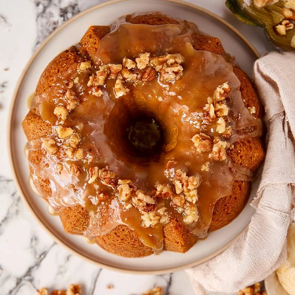 Delicious Pumpkin Bundt Cake drizzled with rich salted caramel sauce.