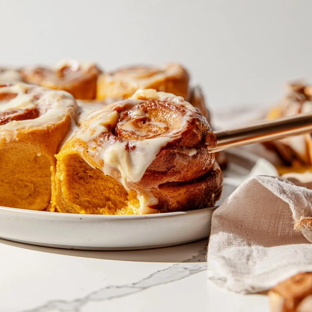 Freshly baked pumpkin cinnamon rolls drizzled with icing, perfect for autumn.