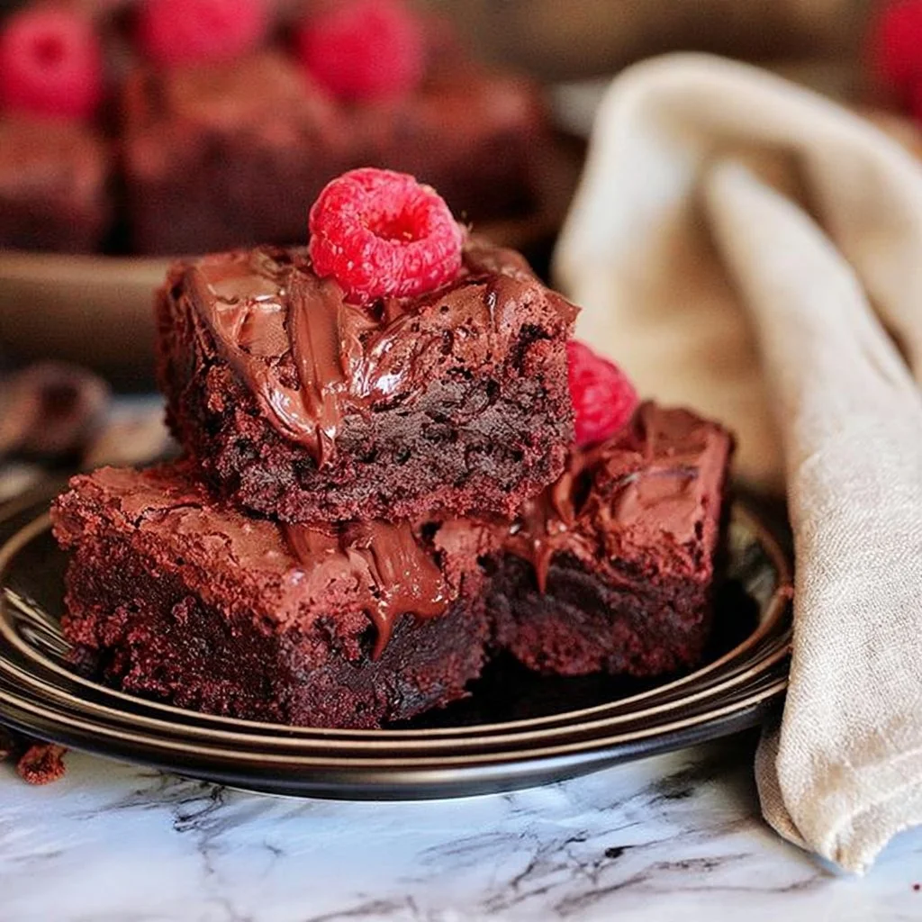 Decadent raspberry truffle brownies topped with rich chocolate and fresh raspberries