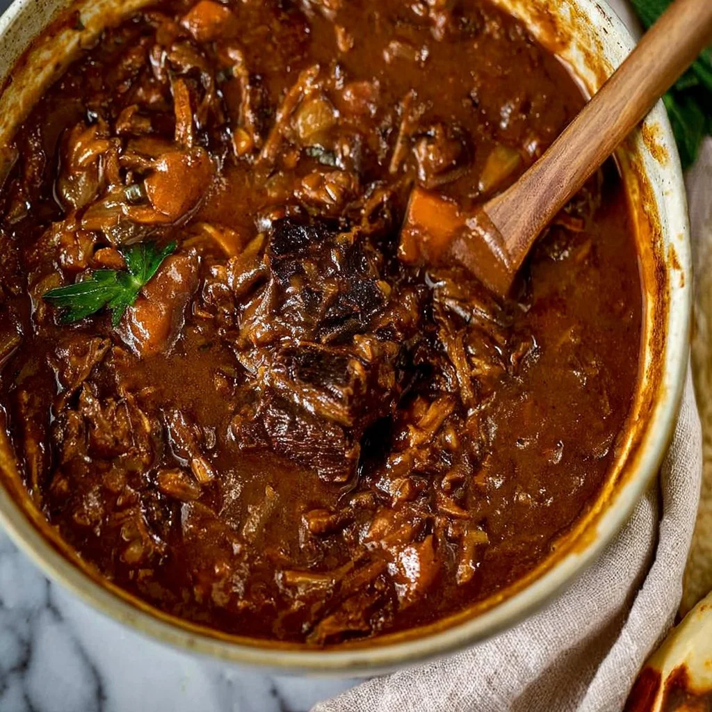 Delicious slow braised short ribs served with rich sauce and garnished with herbs