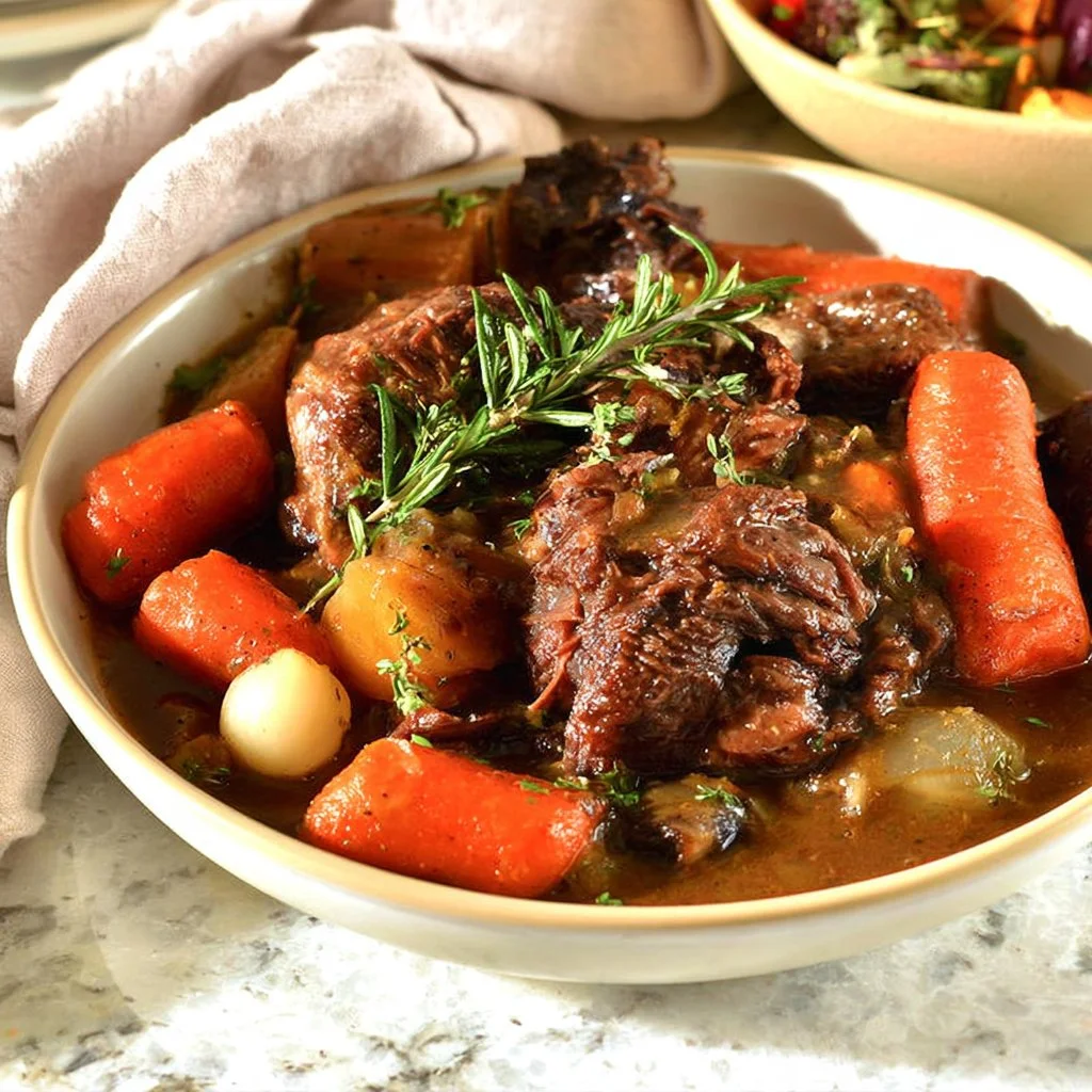 Delicious slow cooker rosemary pot roast served with carrots and gravy