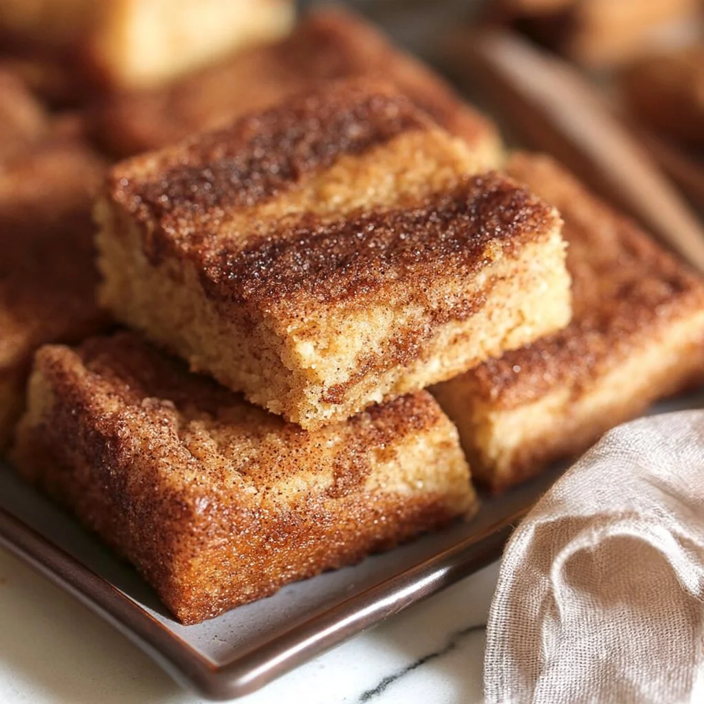 Freshly baked Snickerdoodle Bars with a speckled appearance on a white plate.