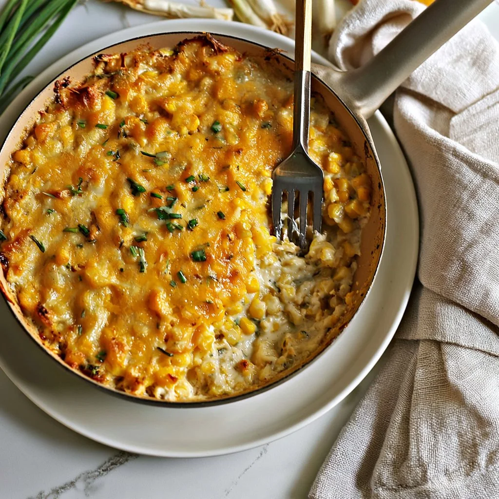 Creamy sour cream and chive corn casserole dish served warm
