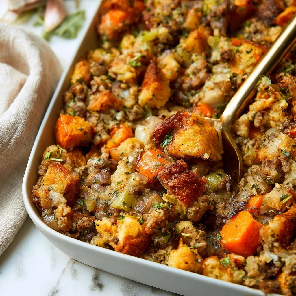 Traditional sourdough stuffing with sage and onion herbs served in a dish