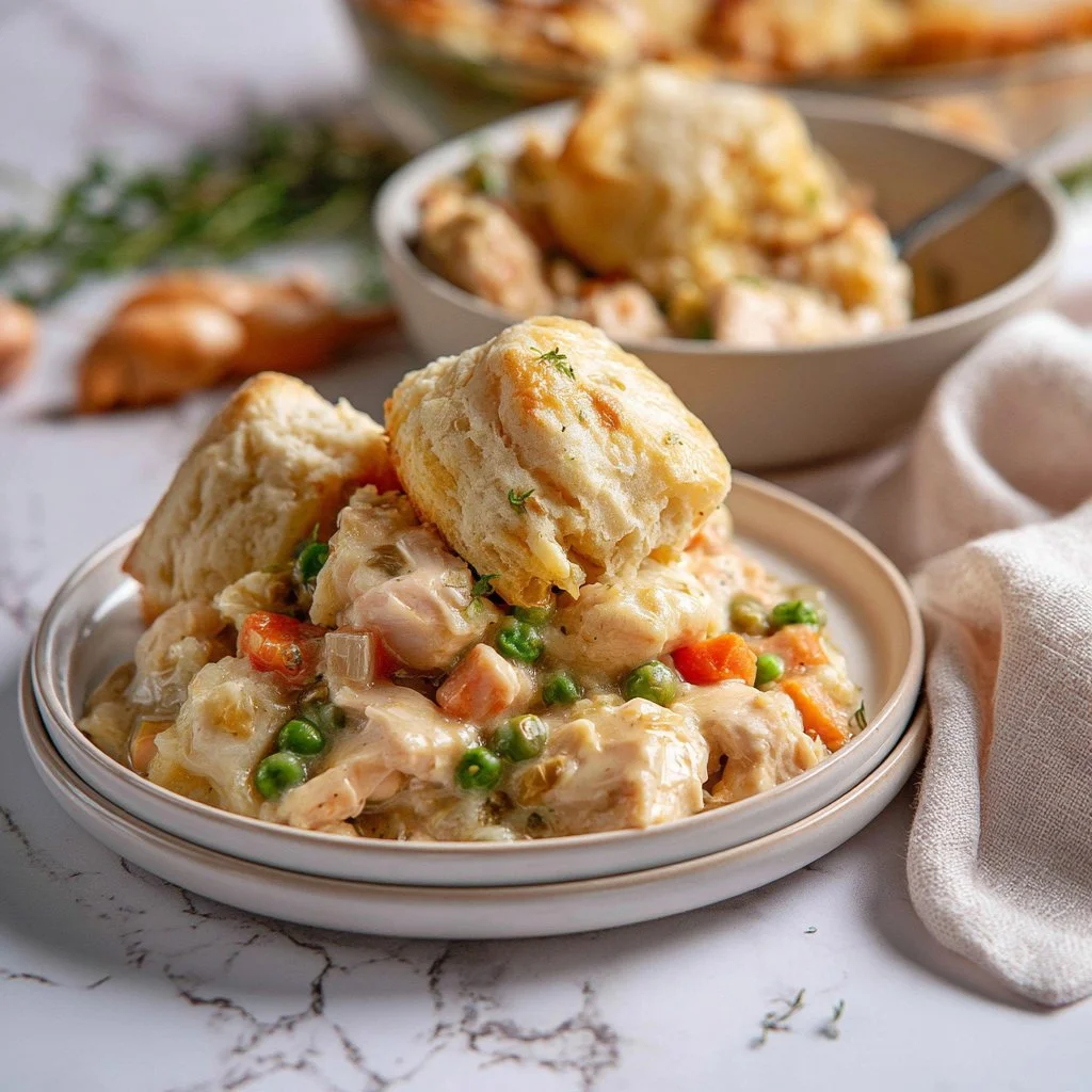 Delicious Turkey Pot Pie Casserole topped with golden buttermilk biscuits