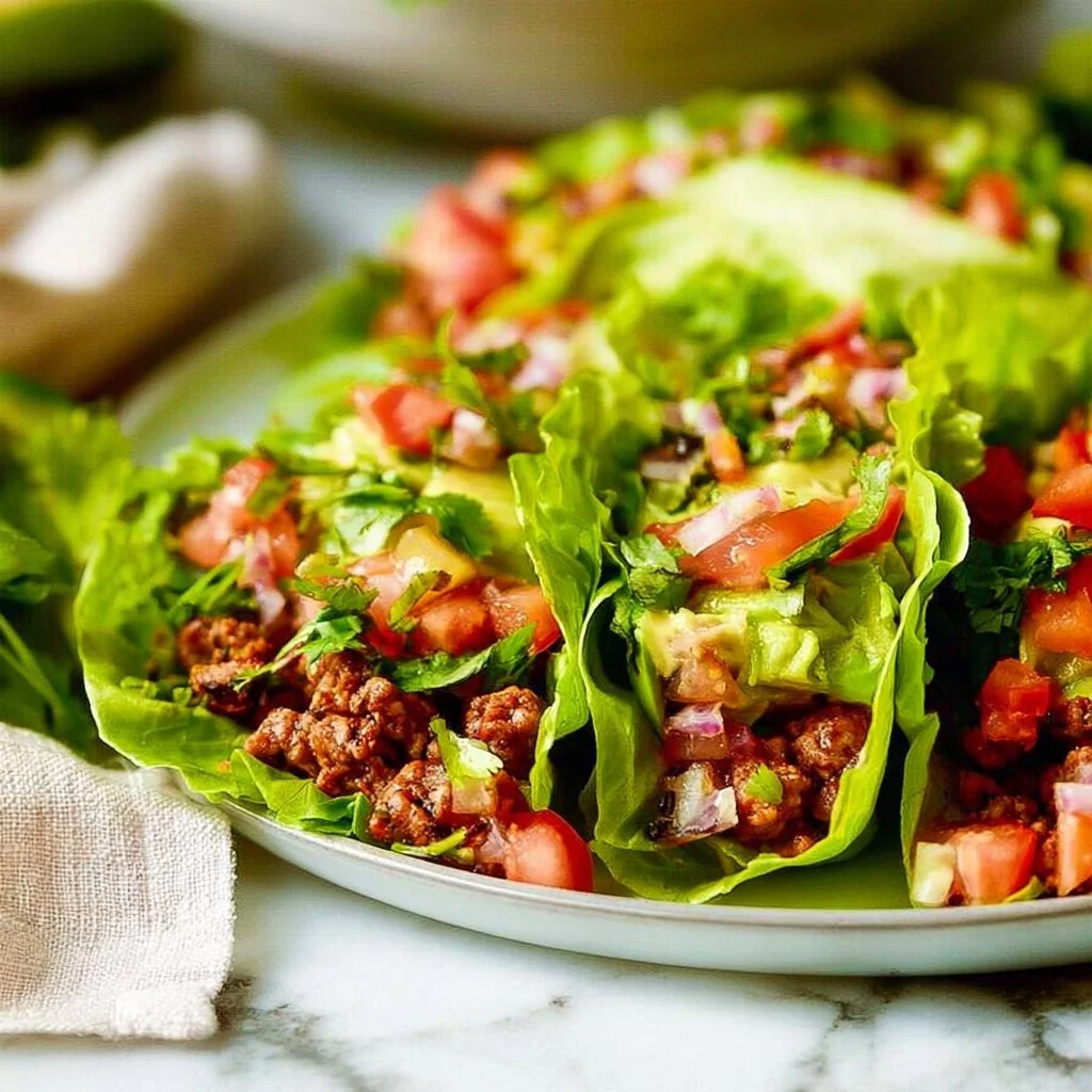 Flavorful turkey taco lettuce wraps served in fresh lettuce leaves